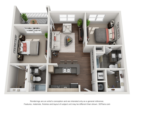 Floor plan for 2 beds, 2 baths, 910 sqft
